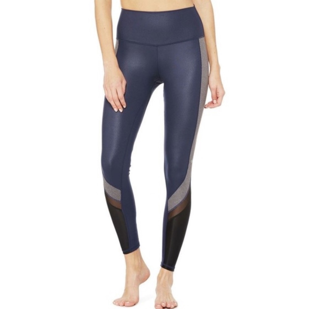 ALO Yoga Navy Blue High-Waist Leggings with Black & Gray Panels
